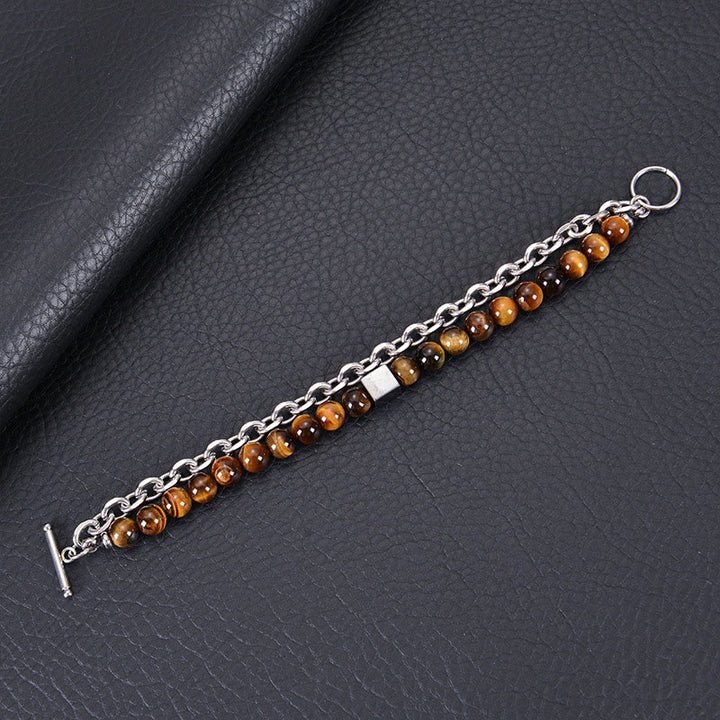 Pulsera de protección de doble envoltura de acero y titanio con magnetita negra y piedra esmerilada de ojo de tigre de colores de Buddha Stones