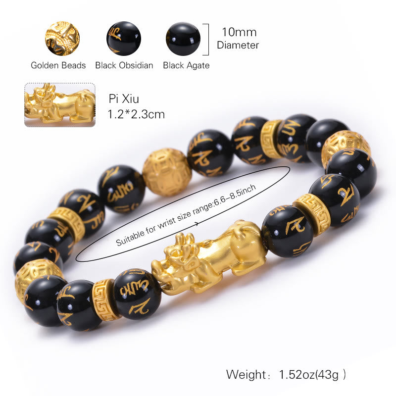 Pulsera de fuerza PiXiu Om Mani Padme Hum con Buddha Stones, obsidiana negra, aleación de ónix negro