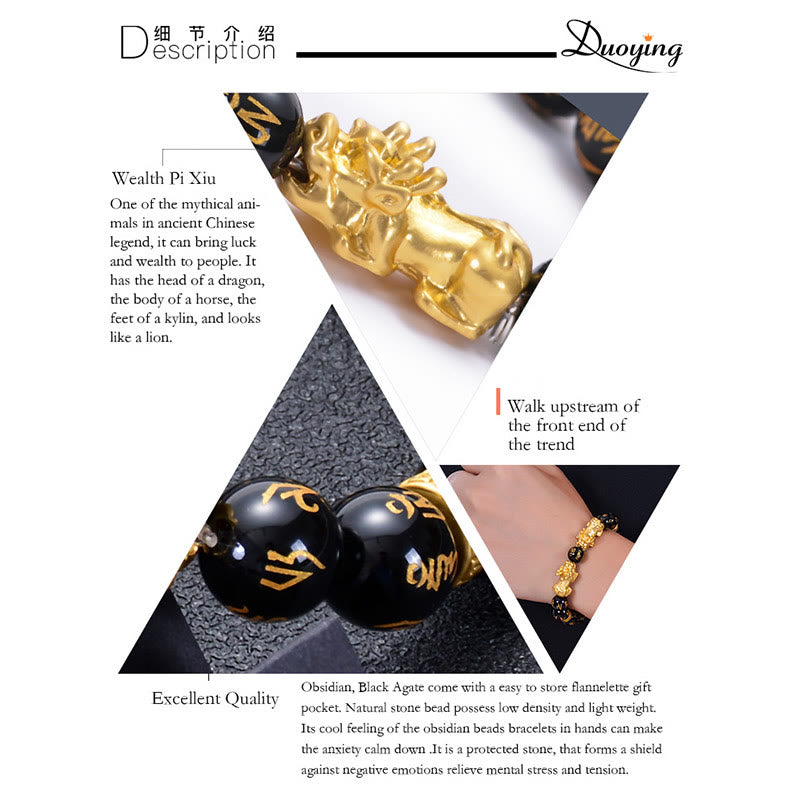 Pulsera de fuerza Om Mani Padme Hum con dos PiXiu de aleación dorada y Buddha Stones, obsidiana negra y ónix negro