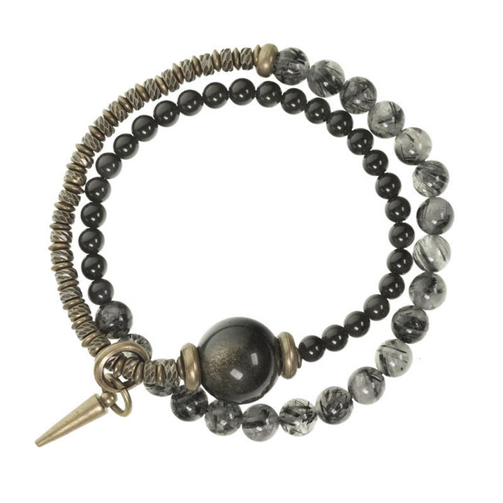 Pulsera protectora de doble vuelta con Buddha Stones, obsidiana negra con brillo dorado, cuarzo rutilado, cobre y latón