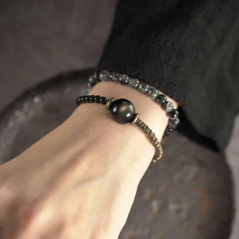 Pulsera protectora de doble vuelta con Buddha Stones, obsidiana negra con brillo dorado, cuarzo rutilado, cobre y latón