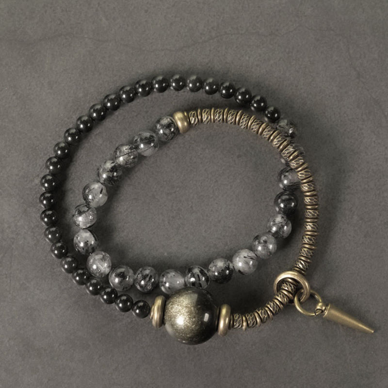 Pulsera protectora de doble vuelta con Buddha Stones, obsidiana negra con brillo dorado, cuarzo rutilado, cobre y latón
