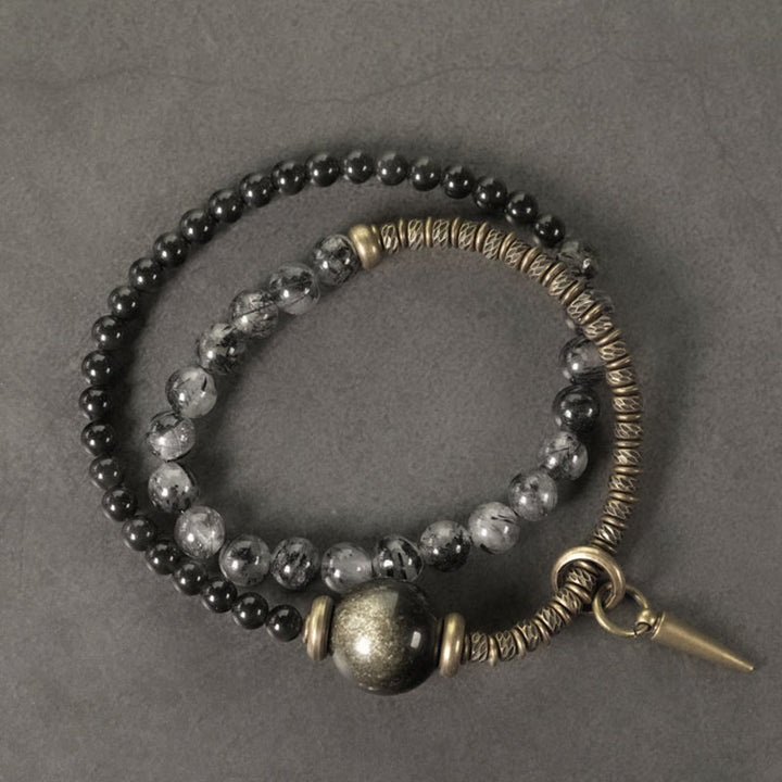 Pulsera protectora de doble vuelta con Buddha Stones, obsidiana negra con brillo dorado, cuarzo rutilado, cobre y latón