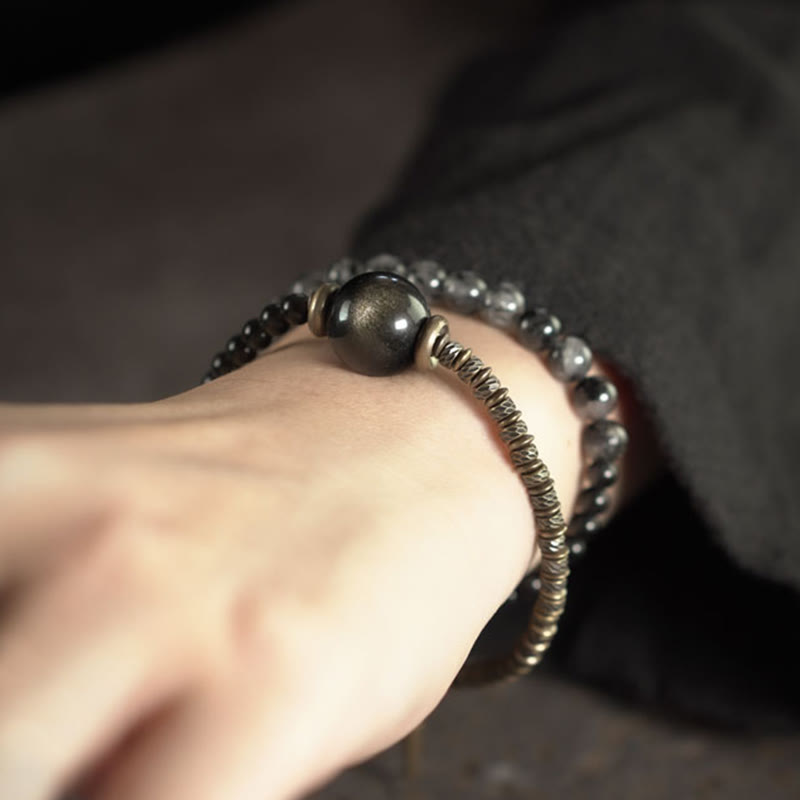 Pulsera protectora de doble vuelta con Buddha Stones, obsidiana negra con brillo dorado, cuarzo rutilado, cobre y latón