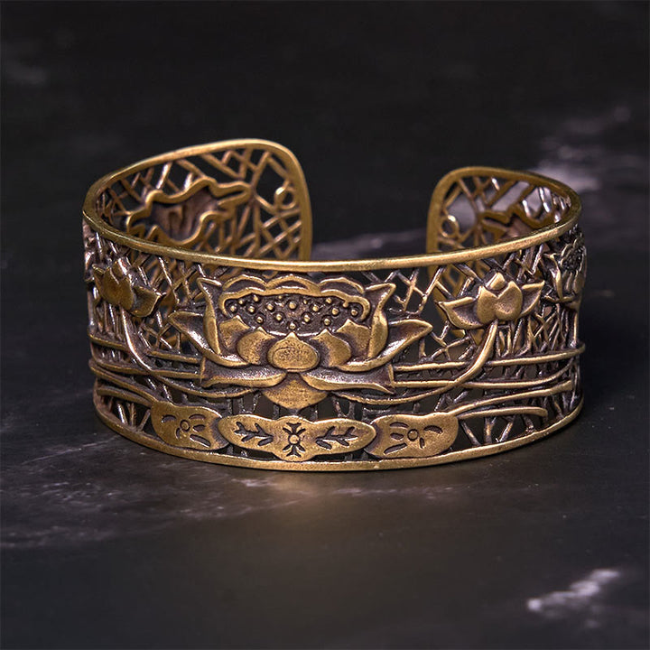 Pulsera de cobre bañada en plata con Buddha Stones, loto hueco, curación e iluminación