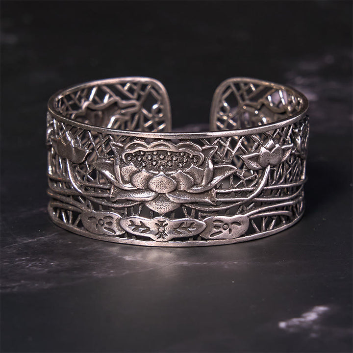 Pulsera de cobre bañada en plata con Buddha Stones, loto hueco, curación e iluminación