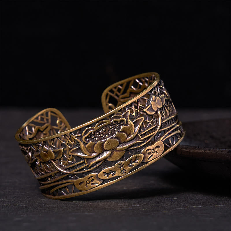 Pulsera de cobre bañada en plata con Buddha Stones, loto hueco, curación e iluminación