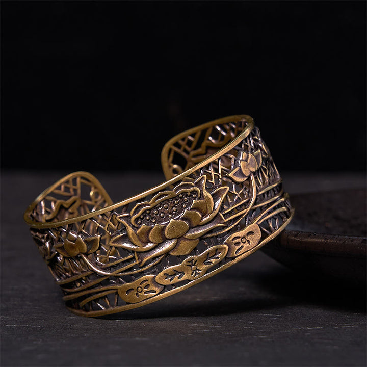 Pulsera de cobre bañada en plata con Buddha Stones, loto hueco, curación e iluminación