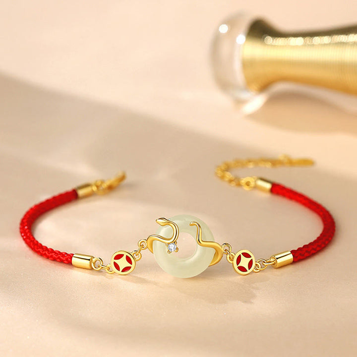 Pulsera de plata de ley 925 con hebilla de la paz, calcedonia, jade hetiano, piedras de Buddha Stones y hilo rojo del año de la serpiente