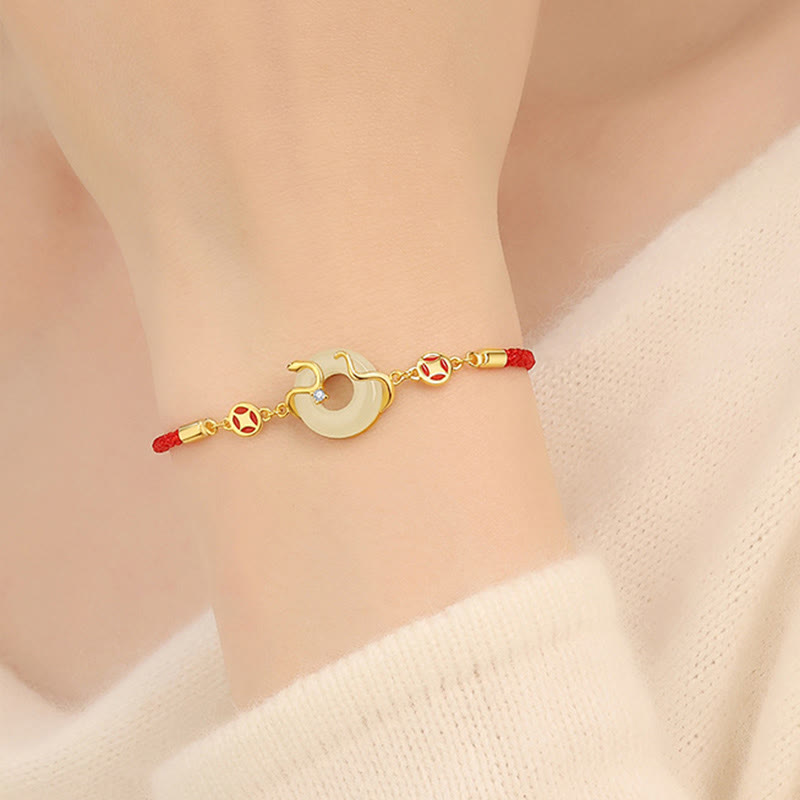 Pulsera de plata de ley 925 con hebilla de la paz, calcedonia, jade hetiano, piedras de Buddha Stones y hilo rojo del año de la serpiente