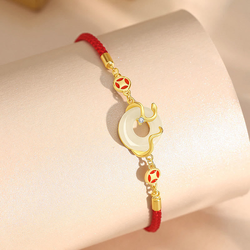 Pulsera de plata de ley 925 con hebilla de la paz, calcedonia, jade hetiano, piedras de Buddha Stones y hilo rojo del año de la serpiente