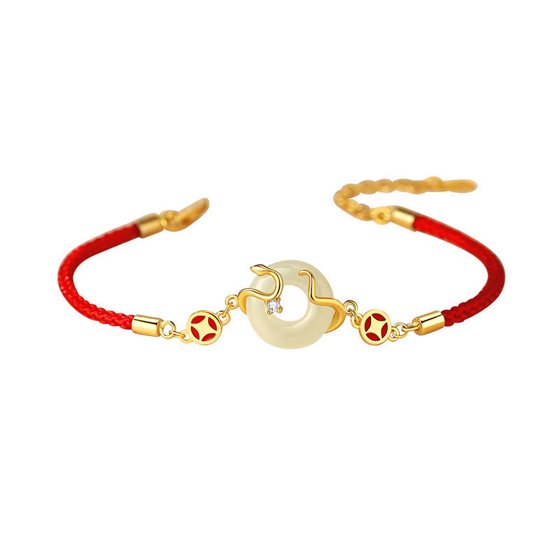 Pulsera de plata de ley 925 con hebilla de la paz, calcedonia, jade hetiano, piedras de Buddha Stones y hilo rojo del año de la serpiente