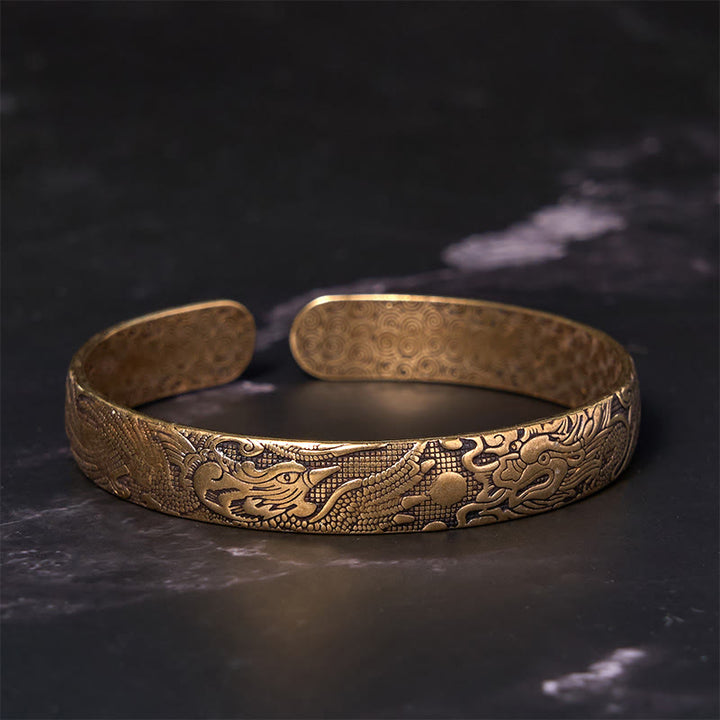 Pulsera de protección de la suerte de latón y cobre tallada con Buddha Stones, dragón y fénix jugando con una perla