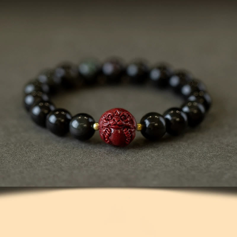 Pulsera purificadora de cinabrio y obsidiana negra natural con Buddha Stones y zodíaco chino