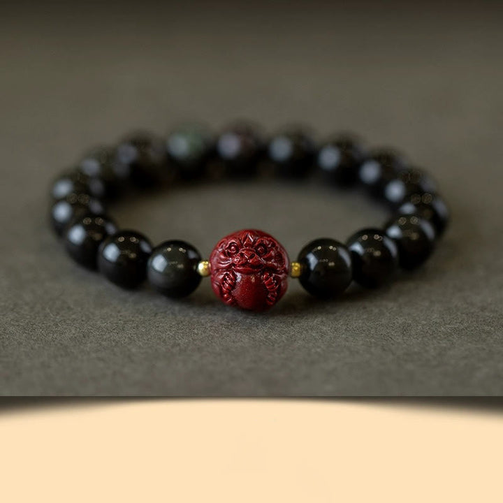 Pulsera purificadora de cinabrio y obsidiana negra natural con Buddha Stones y zodíaco chino