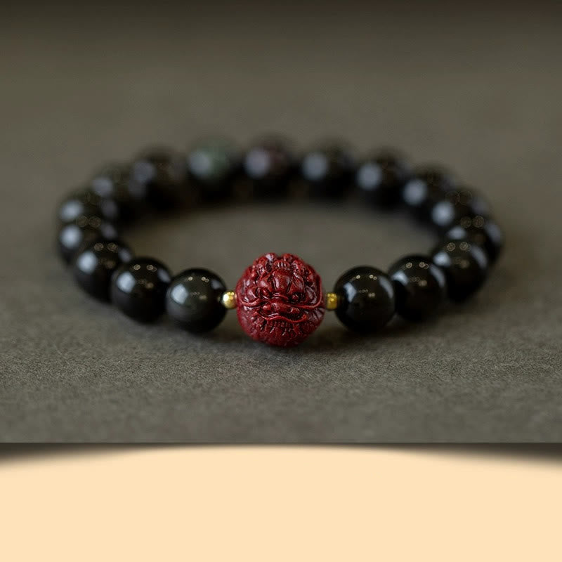 Pulsera purificadora de cinabrio y obsidiana negra natural con Buddha Stones y zodíaco chino