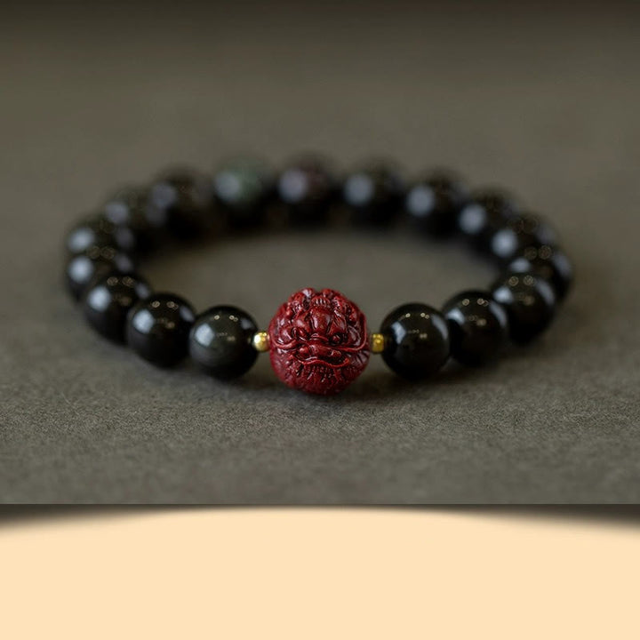 Pulsera purificadora de cinabrio y obsidiana negra natural con Buddha Stones y zodíaco chino