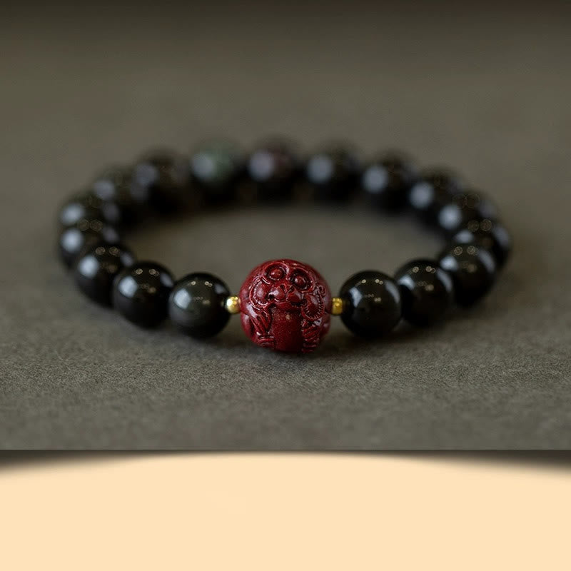 Pulsera purificadora de cinabrio y obsidiana negra natural con Buddha Stones y zodíaco chino