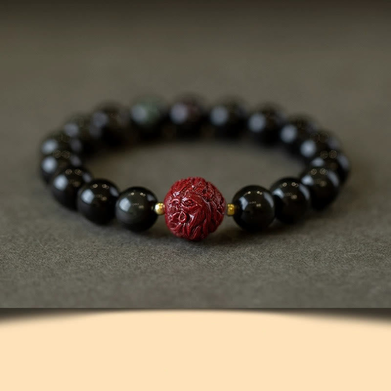 Pulsera purificadora de cinabrio y obsidiana negra natural con Buddha Stones y zodíaco chino