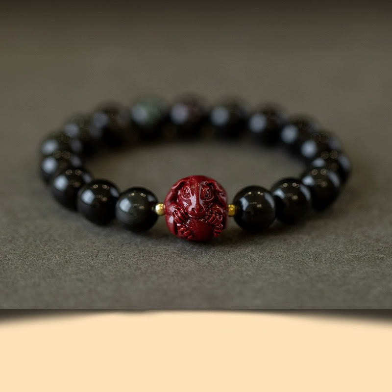 Pulsera purificadora de cinabrio y obsidiana negra natural con Buddha Stones y zodíaco chino