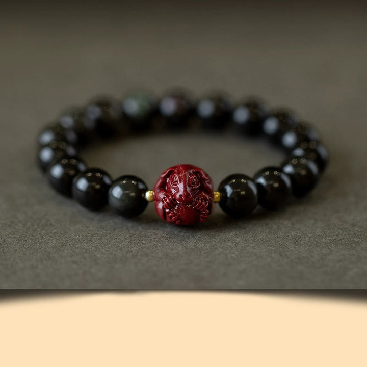 Pulsera purificadora de cinabrio y obsidiana negra natural con Buddha Stones y zodíaco chino