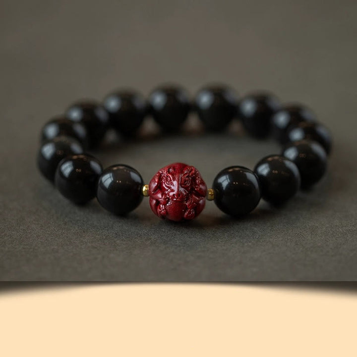 Pulsera purificadora de cinabrio y obsidiana negra natural con Buddha Stones y zodíaco chino