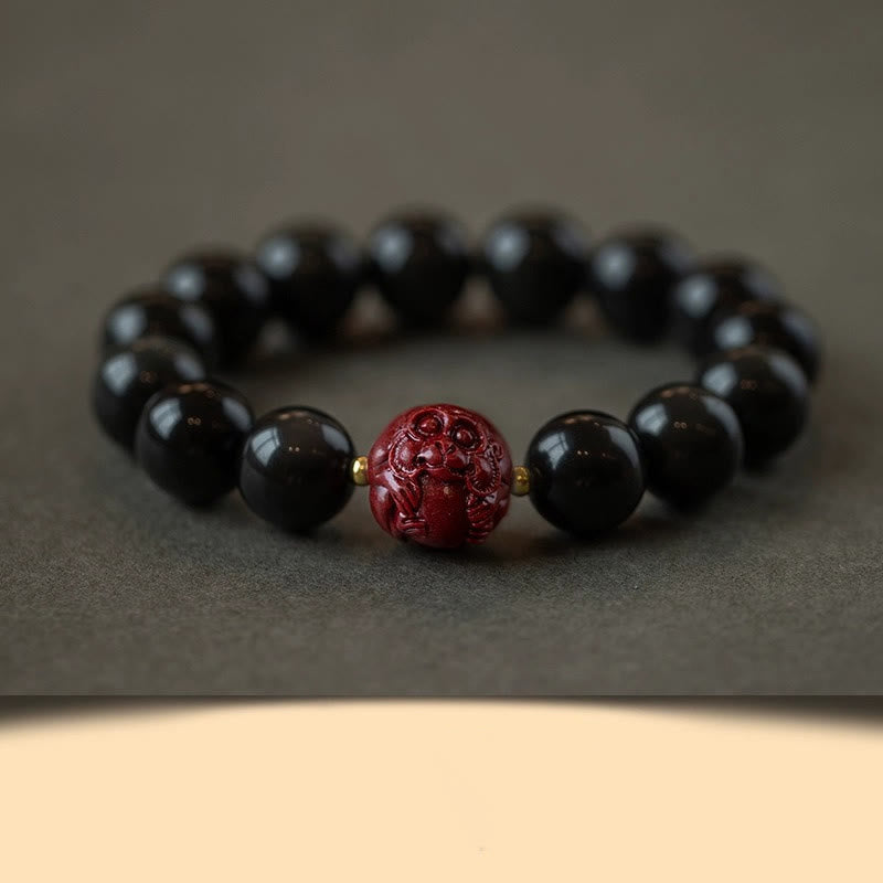 Pulsera purificadora de cinabrio y obsidiana negra natural con Buddha Stones y zodíaco chino