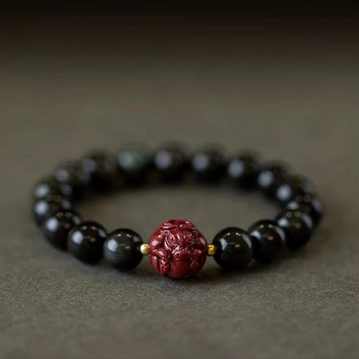 Pulsera purificadora de cinabrio y obsidiana negra natural con Buddha Stones y zodíaco chino