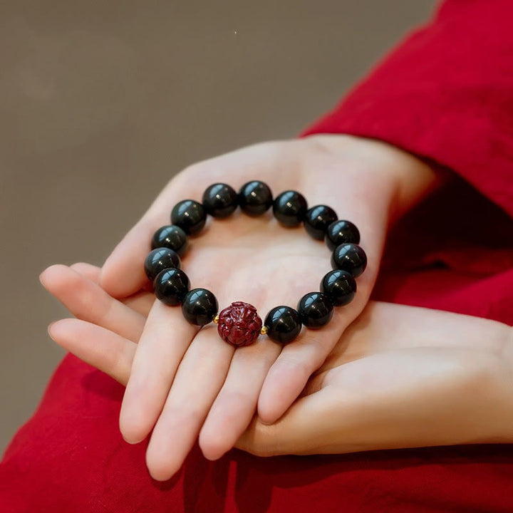 Pulsera purificadora de cinabrio y obsidiana negra natural con Buddha Stones y zodíaco chino