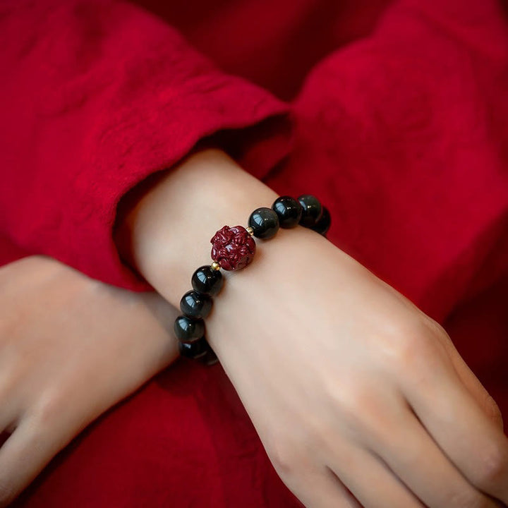 Pulsera purificadora de cinabrio y obsidiana negra natural con Buddha Stones y zodíaco chino