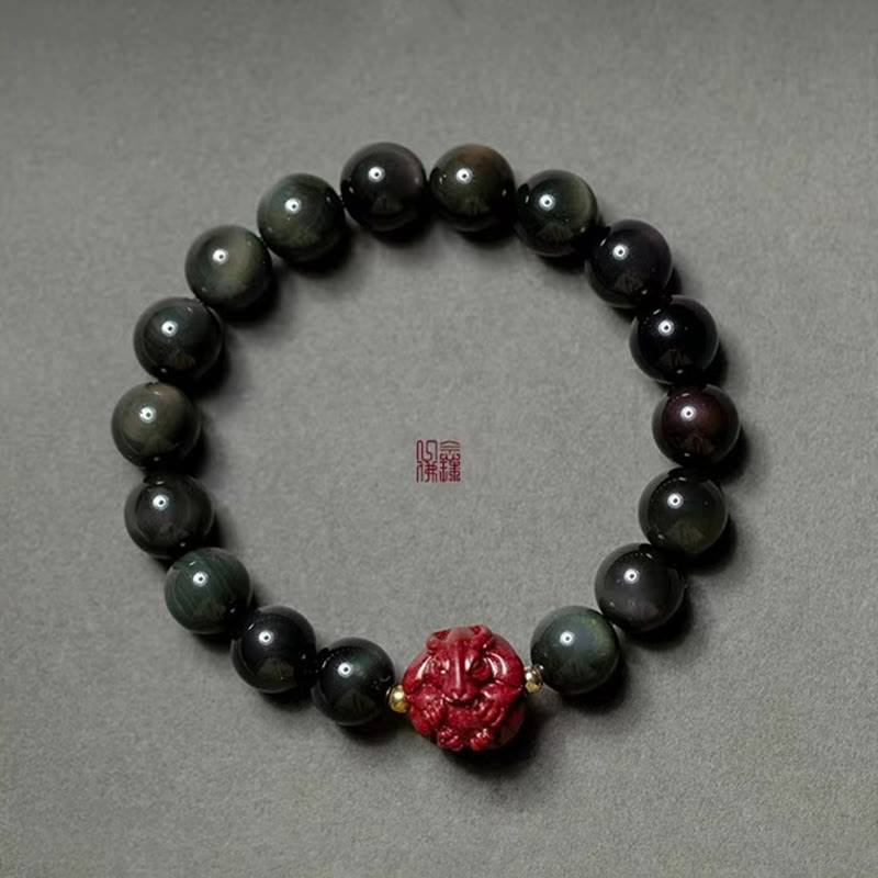 Pulsera purificadora de cinabrio y obsidiana negra natural con Buddha Stones y zodíaco chino