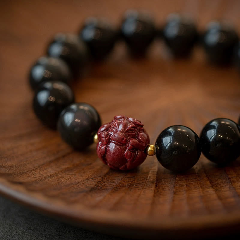 Pulsera purificadora de cinabrio y obsidiana negra natural con Buddha Stones y zodíaco chino