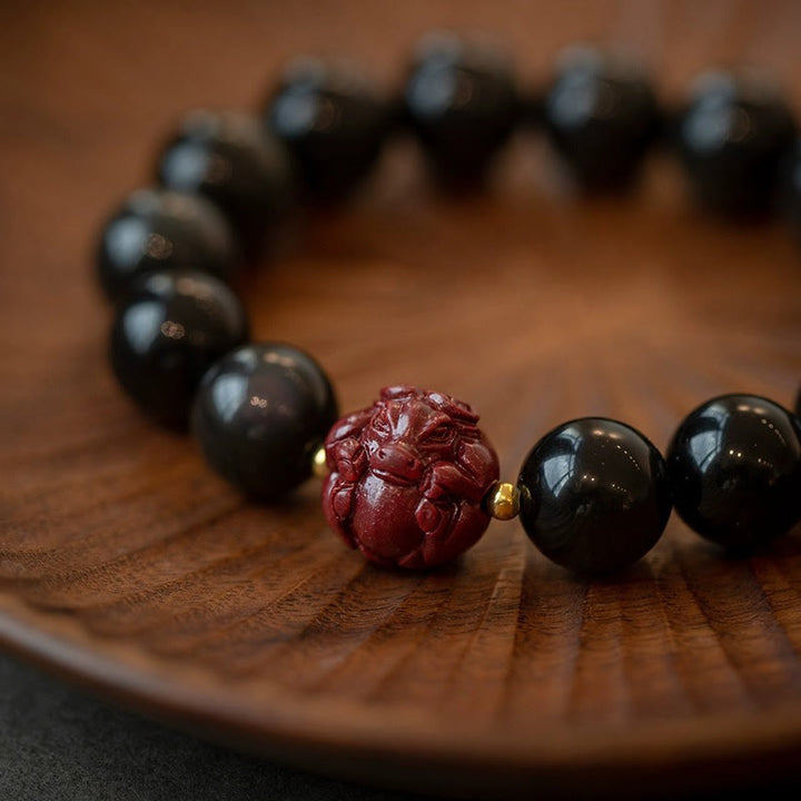 Pulsera purificadora de cinabrio y obsidiana negra natural con Buddha Stones y zodíaco chino