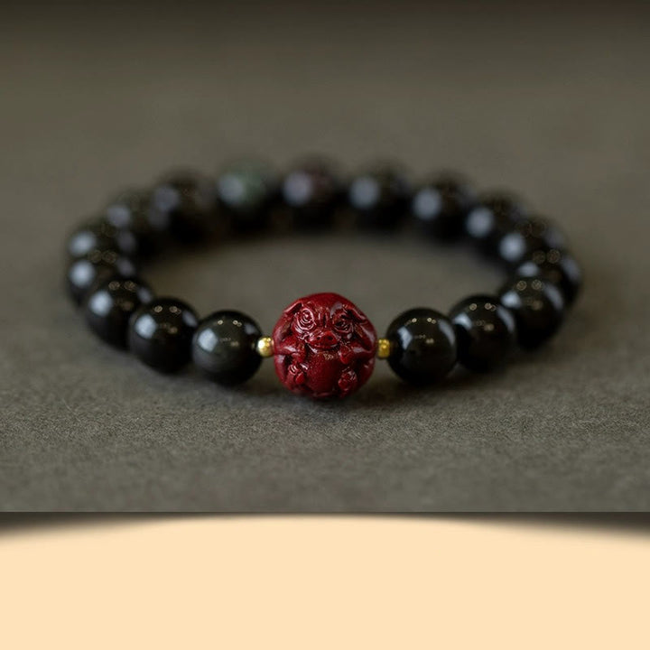 Pulsera purificadora de cinabrio y obsidiana negra natural con Buddha Stones y zodíaco chino