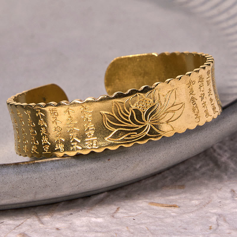 Brazalete de cobre y latón con diseño de flor de loto, paz, iluminación y sutra del corazón de Buddha Stones