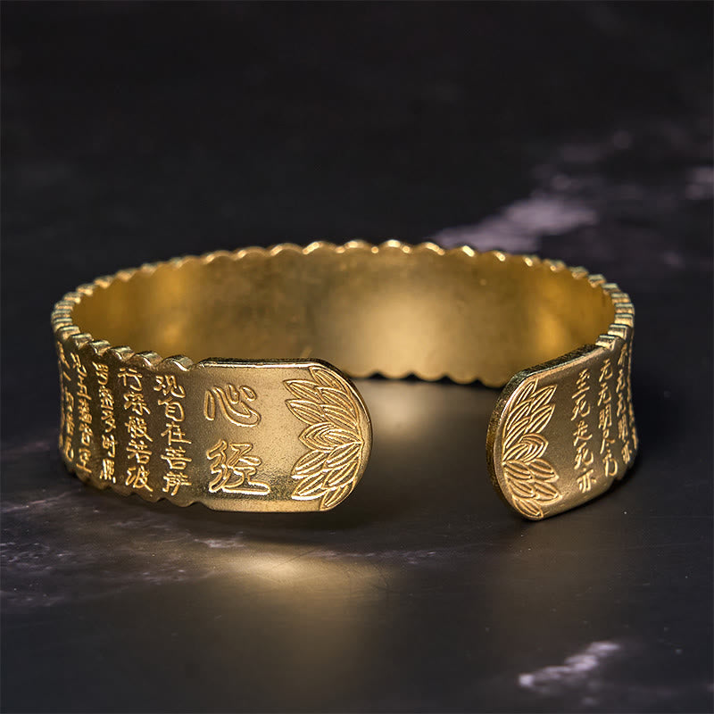 Brazalete de cobre y latón con diseño de flor de loto, paz, iluminación y sutra del corazón de Buddha Stones