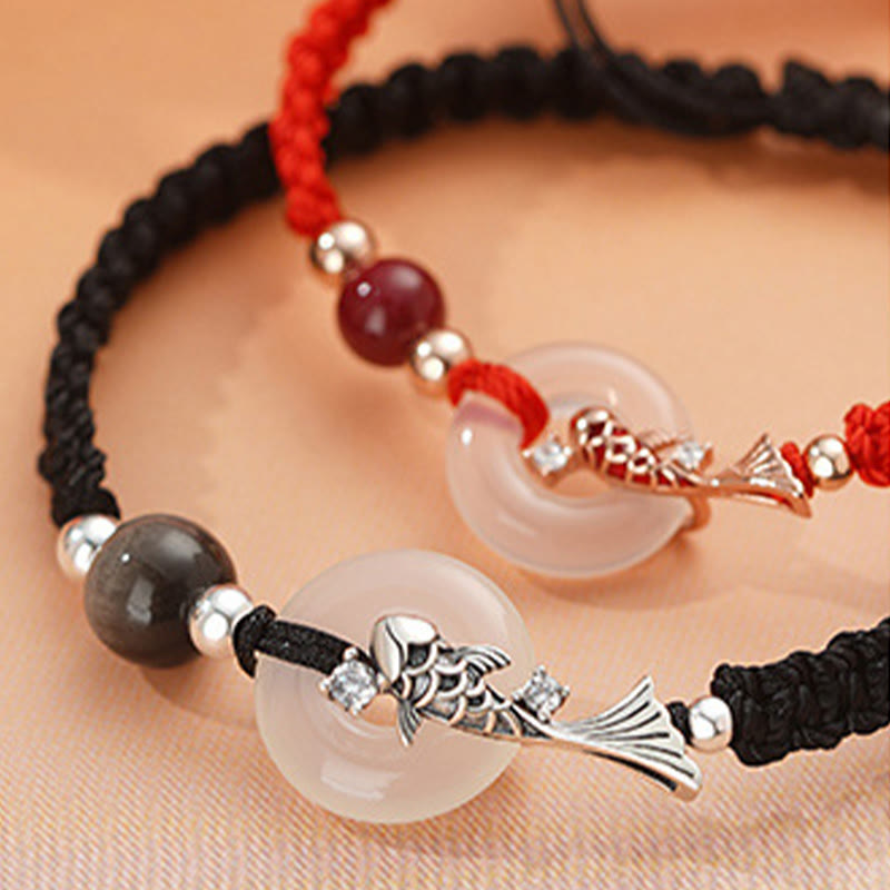 Pulsera de pareja positiva con cadena trenzada de plata de ley 925 con hebilla de paz de calcedonia hecha a mano y piedras de Buddha Stones