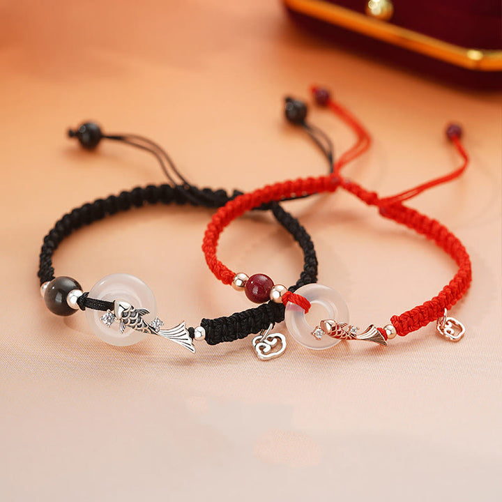 Pulsera de pareja positiva con cadena trenzada de plata de ley 925 con hebilla de paz de calcedonia hecha a mano y piedras de Buddha Stones