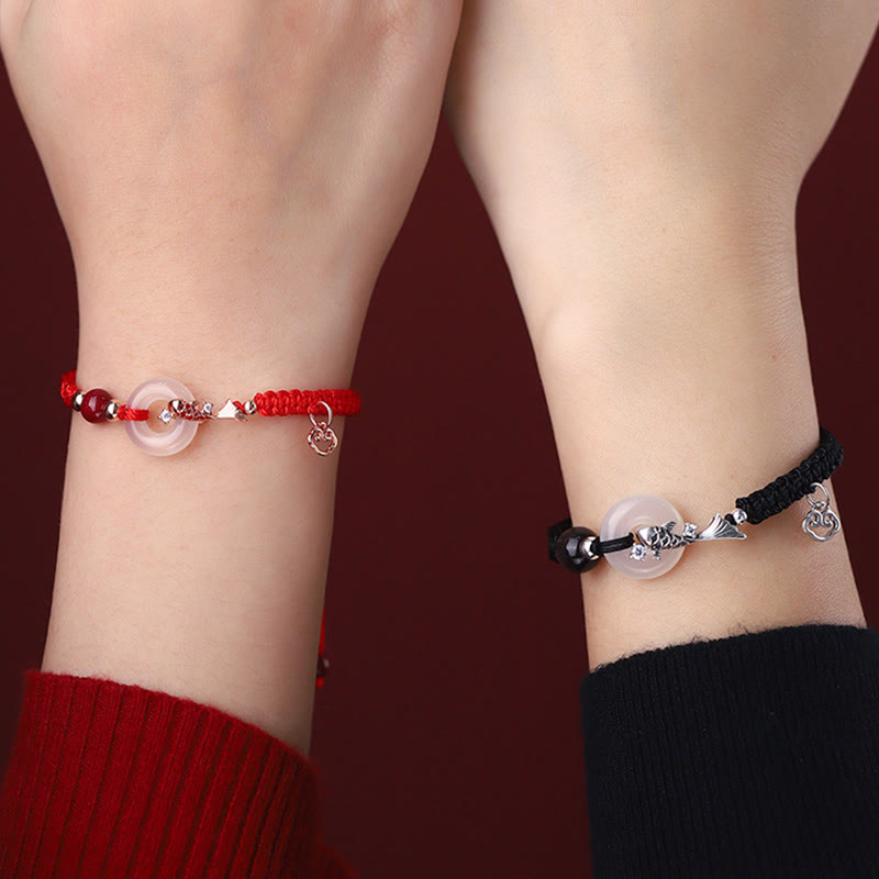 Pulsera de pareja positiva con cadena trenzada de plata de ley 925 con hebilla de paz de calcedonia hecha a mano y piedras de Buddha Stones