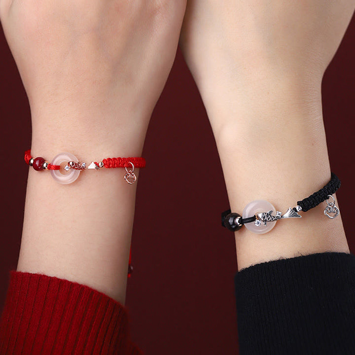 Pulsera de pareja positiva con cadena trenzada de plata de ley 925 con hebilla de paz de calcedonia hecha a mano y piedras de Buddha Stones
