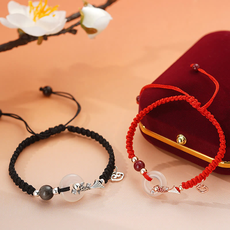 Pulsera de pareja positiva con cadena trenzada de plata de ley 925 con hebilla de paz de calcedonia hecha a mano y piedras de Buddha Stones