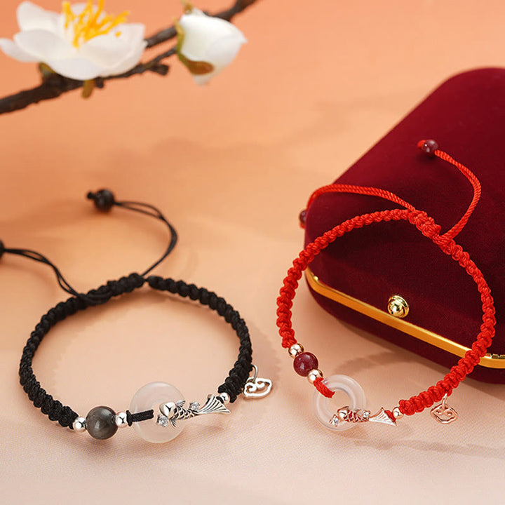 Pulsera de pareja positiva con cadena trenzada de plata de ley 925 con hebilla de paz de calcedonia hecha a mano y piedras de Buddha Stones