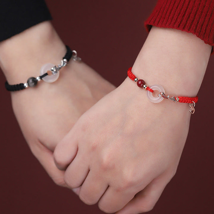Pulsera de pareja positiva con cadena trenzada de plata de ley 925 con hebilla de paz de calcedonia hecha a mano y piedras de Buddha Stones