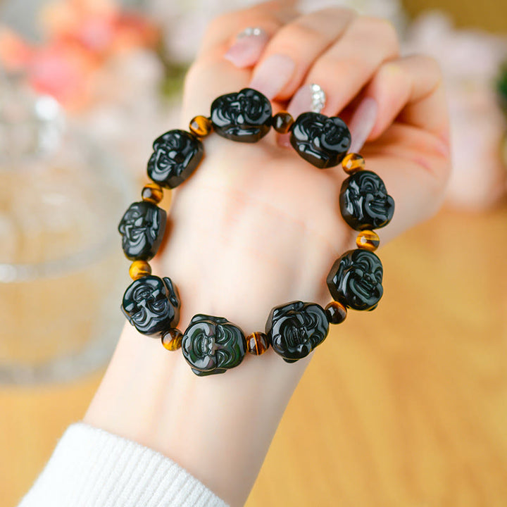 Pulsera de transformación positiva de Buda sonriente con obsidiana arcoíris y Buddha Stones
