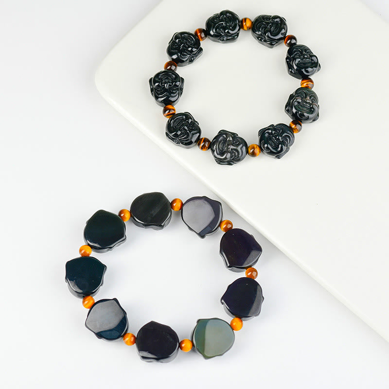 Pulsera de transformación positiva de Buda sonriente con obsidiana arcoíris y Buddha Stones