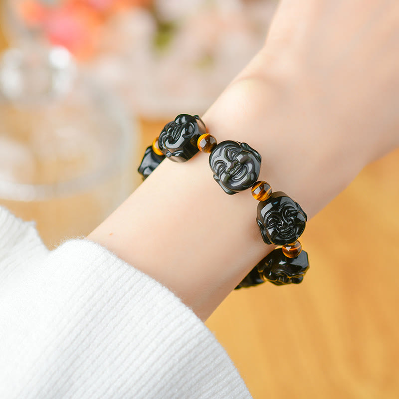 Pulsera de transformación positiva de Buda sonriente con obsidiana arcoíris y Buddha Stones