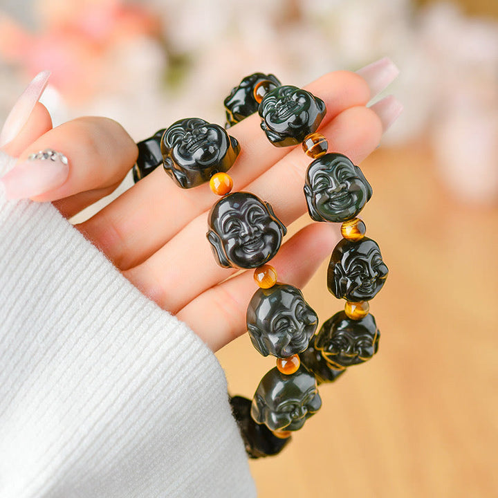 Pulsera de transformación positiva de Buda sonriente con obsidiana arcoíris y Buddha Stones