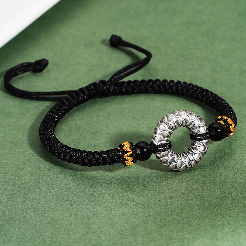 Pulsera trenzada de la suerte con hilo negro de dragón y hebilla de la paz de plata de ley 999 hecha a mano con Buddha Stones y ónix negro