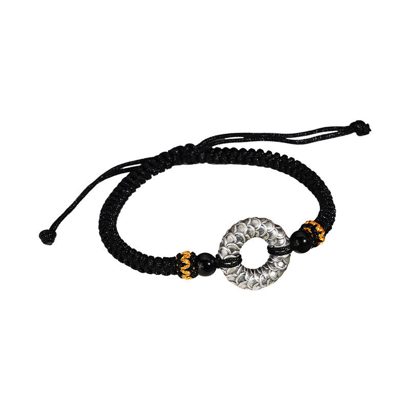 Pulsera trenzada de la suerte con hilo negro de dragón y hebilla de la paz de plata de ley 999 hecha a mano con Buddha Stones y ónix negro
