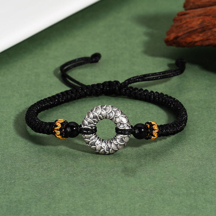 Pulsera trenzada de la suerte con hilo negro de dragón y hebilla de la paz de plata de ley 999 hecha a mano con Buddha Stones y ónix negro